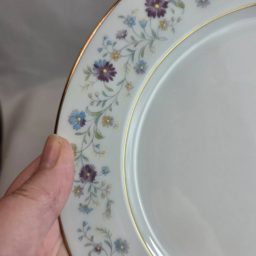 FOUR Noritake Longwood #2485 Salad Plates Purple, Blue & Yellow Flowers